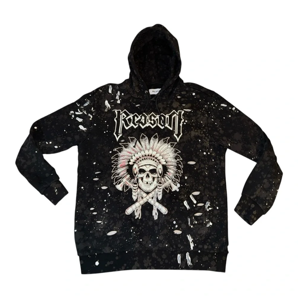 🔥 REASON CLOTHING BRAND MENS INDIAN CHIEF HEAD SKULL PAINT SPLASH HOODIE XL 🔥 - Picture 1 of 7